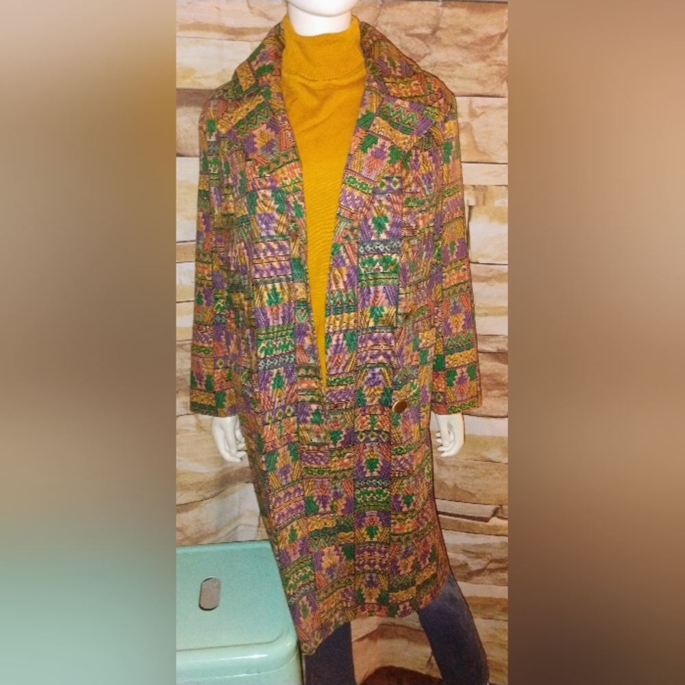 Gorgeous vintage multicolor Geometric Pattern woven Textile Coat